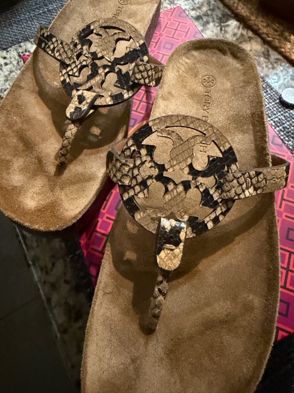 Tory Burch Brown and Black Snake-Print Logo Thong Sandals,